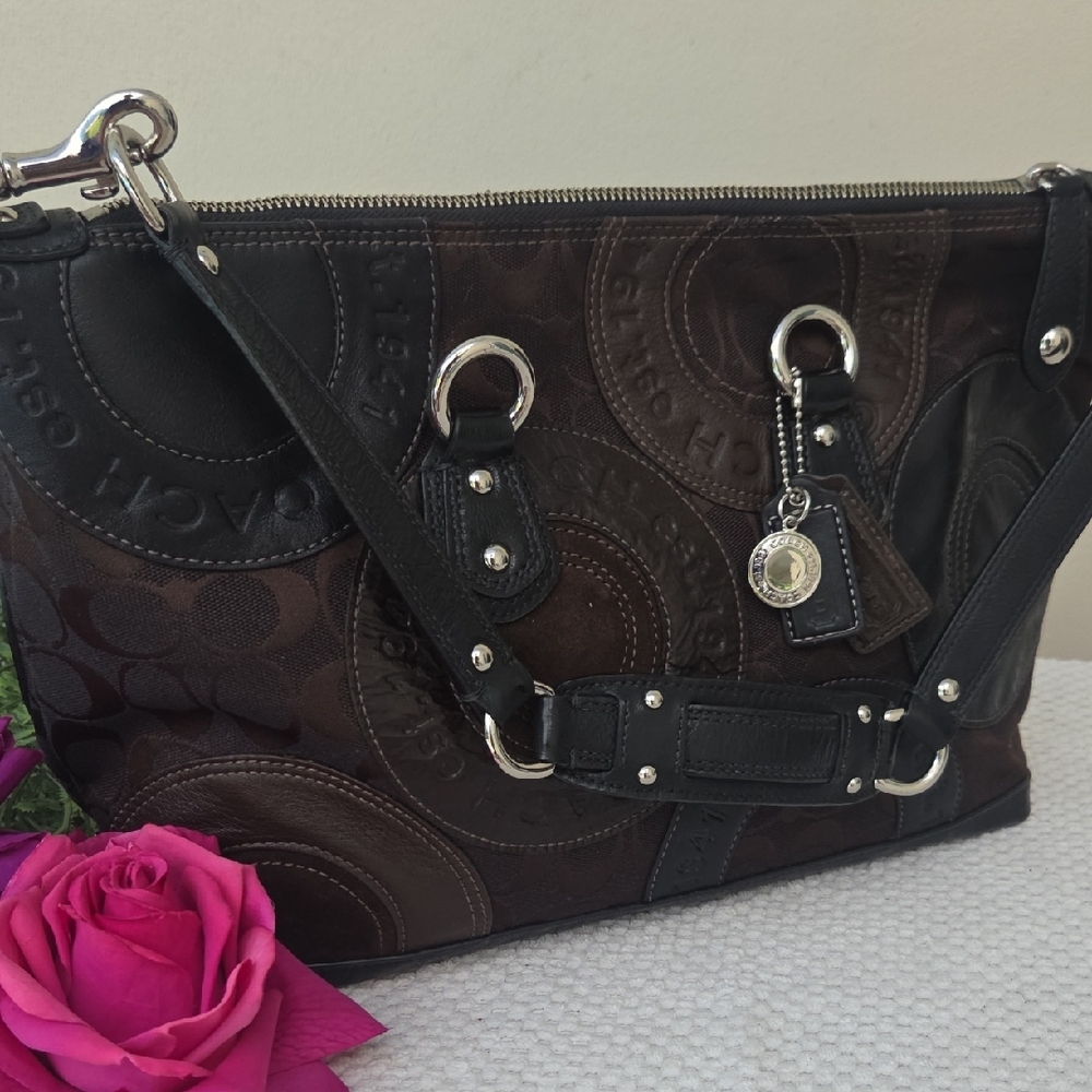 Coach Optic Black Brown Leather Shouder Bag Purse - Picture 3 of 16